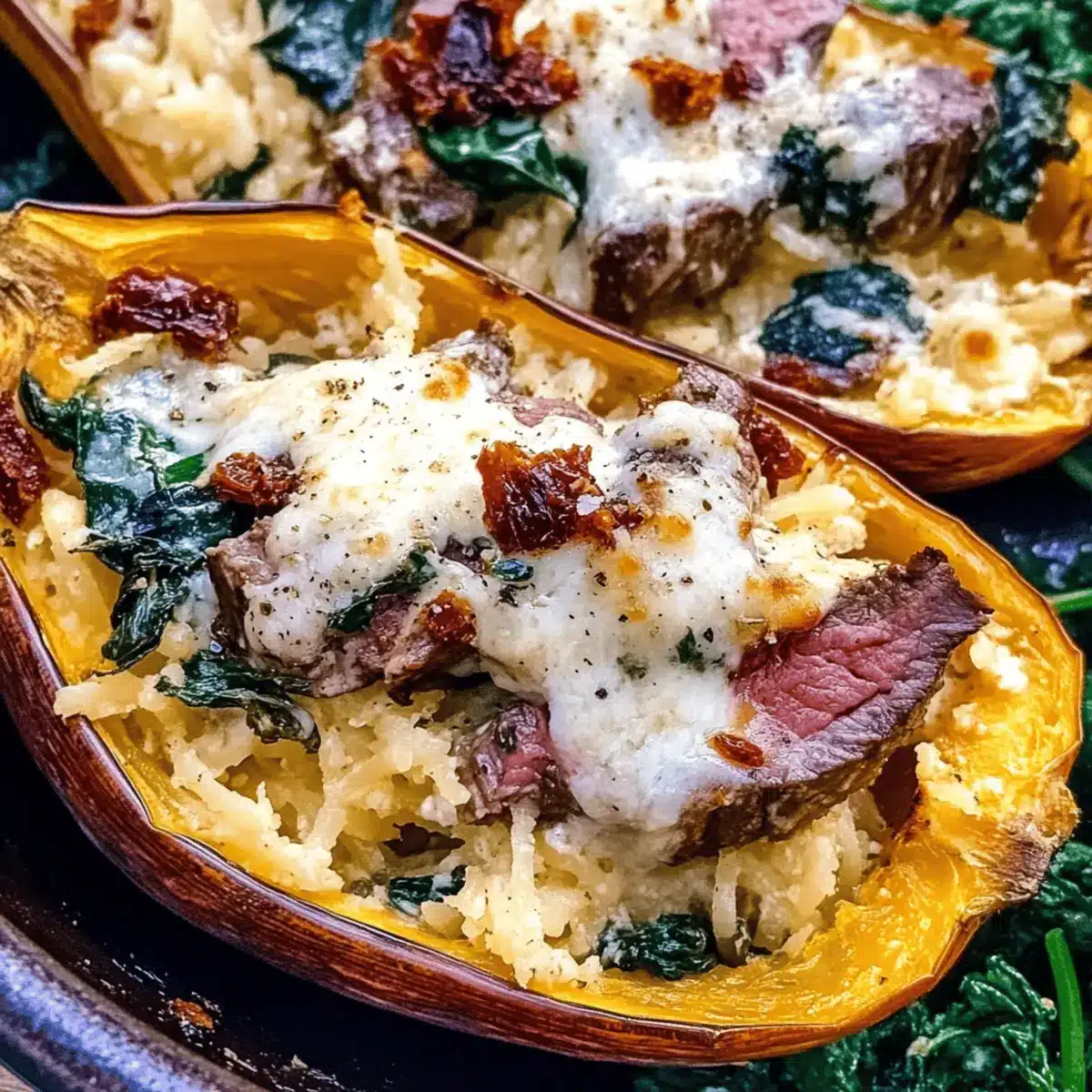 Keto Low Carb Steak Gorgonzola Alfredo Spaghetti Squash