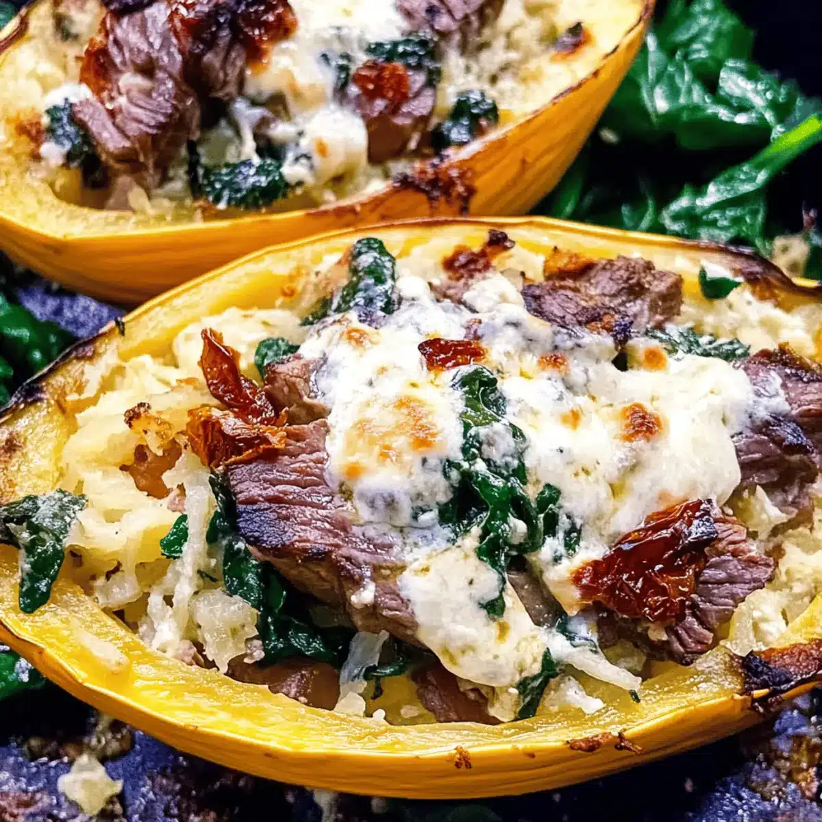 Keto Low Carb Steak Gorgonzola Alfredo Spaghetti Squash pqoy75