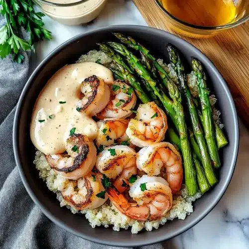 Grilled Shrimp Bowl with Asparagus & Creamy Garlic Sauce